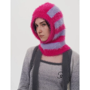 Gestreift Fuchspelz-Imitat Balaclava Strickhaube Warmer Halsschutz Wintermütze Individueller Pullover Mütze Für Damen Accessoires