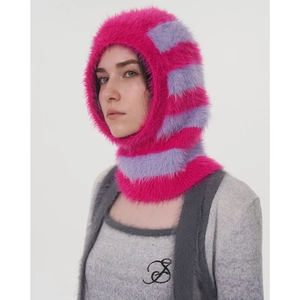 Gestreifte Balaclava-Strickhaube aus rosa und lavendelfarbenem Webpelz für Damen