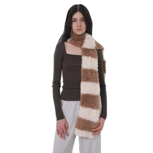 Dicker braun-beige gestreifter Plüschschal für Damen aus warmem weichem Kunstfellstoff
