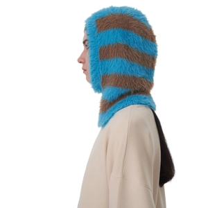Blau und braun gestreifte Balaclava aus Kunstpelz mit warmer Plüschtextur für Damen