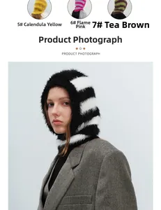 Detail of striped knitted balaclava showing faux mink texture and ear protection