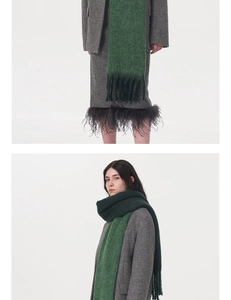 Detailed texture of thick mohair-style scarf with long tassels and feather hem skirt
