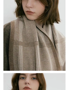 Detailed knit texture of the thick plaid scarf in brown and beige colors