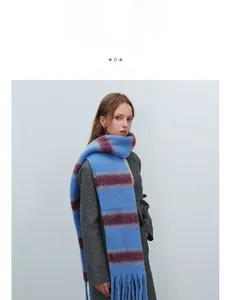Detailed texture of thick striped mohair scarf with tassels and red-blue patterns