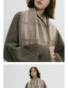 Detail shot of winter plaid knit scarf with wool texture and thick brown wool coat