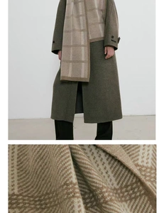 Detail of soft beige checkered knit scarf paired with a thick dark green wool coat