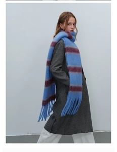 Detail of soft striped scarf with long tassels paired with a thick winter wool coat