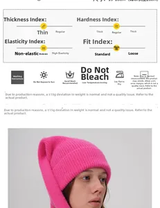 Detailed size chart and close-up of pink Y2K knitted bunny ear hat with specifications