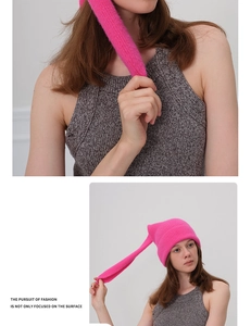 Detail of neon pink Y2K knitted bunny ear hat showing soft texture and long tails