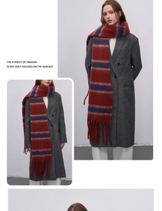 Close-up of thick striped mohair scarf with fringe detail over a grey wool coat