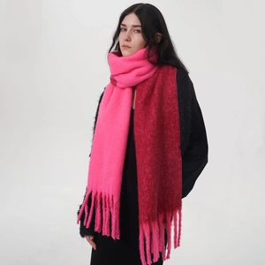 Women Thick Warm Winter Scarf Color Block Polyester Soft Mohair Style Long Tassel Shawl Wrap Fashion Accessory