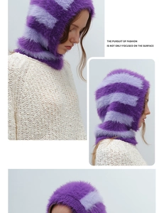 Detailed close-up showing purple striped faux mink fur texture on Balaclava hat