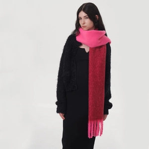 Women's warm faux cashmere scarf with pink gradient and fringe tassels in soft mohair style
