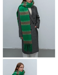 Detailed view of the fuzzy mohair-like texture and long fringes on the striped winter scarf