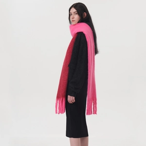 Thick warm two-tone pink and red faux cashmere scarf with tassels and mohair texture