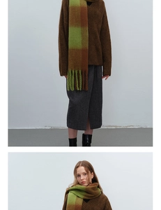 Detail eines grün-braunen Oversize-Karoschals mit langen Fransen an einem Model
