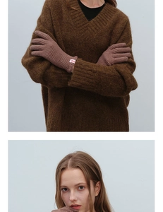 Detail of wool knit gloves in tan brown with ribbed cuffs and touchscreen design