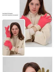Detail of wool knit gloves with ribbed cuffs and chic minimalist labels in rose and olive