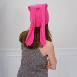 Chic rose red Y2K knit hat with long bunny ears for winter warmth and fashion