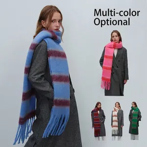 Women Retro Striped Winter Scarf With Long Tassels Thick Warm Soft Knitted Shawl Wrap For Autumn Winter Fashion Accessories