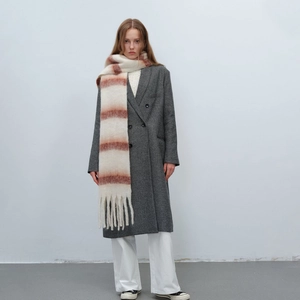 Chic oversized striped mohair shawl with tassels and grey wool coat for winter outfit