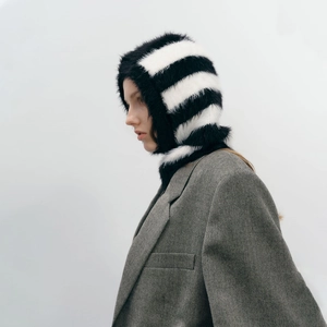 Trendy Contrast Striped Faux Mink Fur Balaclava Knit Hat For Men Women Winter Warm Windproof Hooded Scarf Headwear