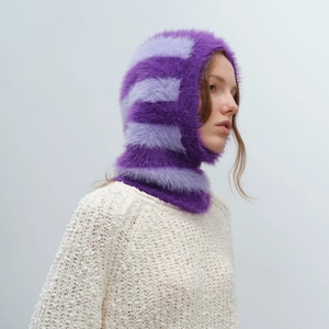 Faux mink fur striped balaclava hood with purple and lavender fuzzy plush texture