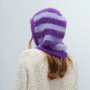 Fuzzy striped balaclava hood in purple and lilac faux mink fur for winter warmth