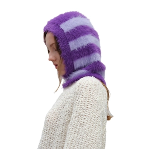 Striped purple faux mink fur balaclava hood scarf for winter warmth and cozy style