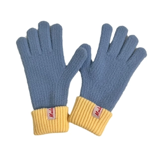 Winter wool knit touchscreen gloves in blue and yellow contrast with ribbed cuffs
