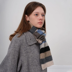 Écharpe en maille de laine à rayures multicolores pour femmes, tour de cou doux bleu et gris