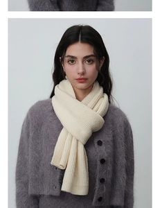 Détail d'une écharpe en laine tricotée blanc crème avec un cardigan en peluche gris
