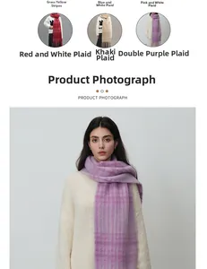 Detailed view of plaid wool scarves showing colorful grid patterns and soft fringe tassels