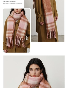 Close-up of a thick checkered scarf with long tassels and soft brushed texture
