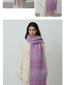 Detailed view of soft purple plaid scarf with long fringes and thick knit texture