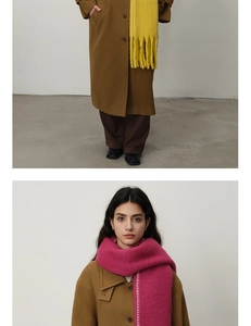 Detail showing thick yellow and pink fringed cashmere-feel scarves with warm wool coat