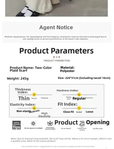 Detailed product specifications for a plaid scarf showing material and size measurements