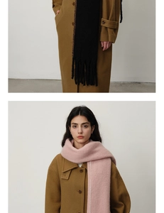 Close-up of contrast stitching and fringe tassels on a thick faux cashmere winter scarf