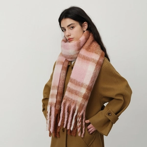 Pink and brown plaid winter scarf with long tassels and thick brushed cashmere texture