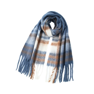 Thick checkered cashmere-like winter scarf with tassels in blue, white, and brown