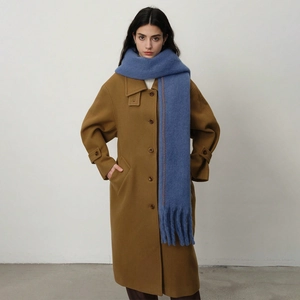 Thick solid blue cashmere feel scarf with long tassels and oversized winter design