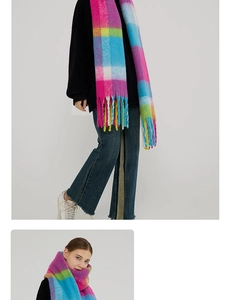 Detailed view of colorful oversized plaid scarf with thick tassels and soft cashmere-like texture
