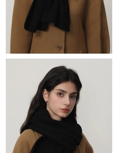 Détail de la texture en maille noire et du mélange de laine sur un manteau camel