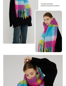 Detail of colorful plaid cashmere-like scarf showing thick tassels and soft brushed texture