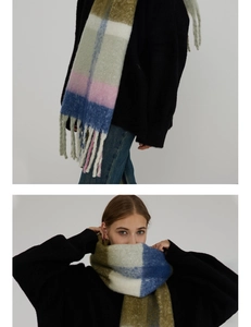 Detailaufnahme des mehrfarbigen Karoschals mit langen Fransen und weicher Mohair-Textur