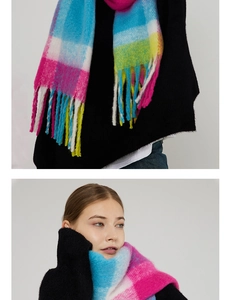 Detailed view of colorful checkered scarf with long tassels in thick cashmere-like knit