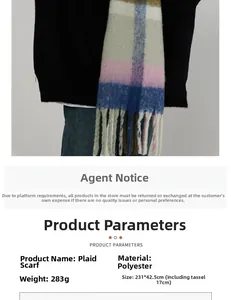 Detailansicht des dicken Bouclé-Strickstoffs und der langen Fransen am karierten Schal