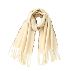 Thick oversized cream cashmere-like scarf with brown stitching and fringe tassels