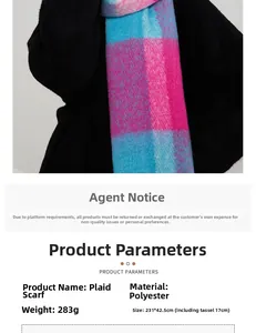 Detailed size specifications and weight for thick plaid cashmere-like scarf with tassels