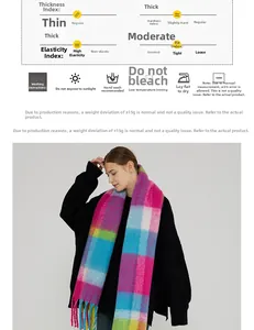 Detailed size guide and quality specs for thick pink plaid cashmere scarf with tassels